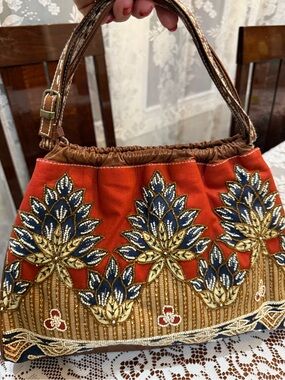 Vintage Isabella Fiore Red, Blue & Brown Beaded Fabric Purse